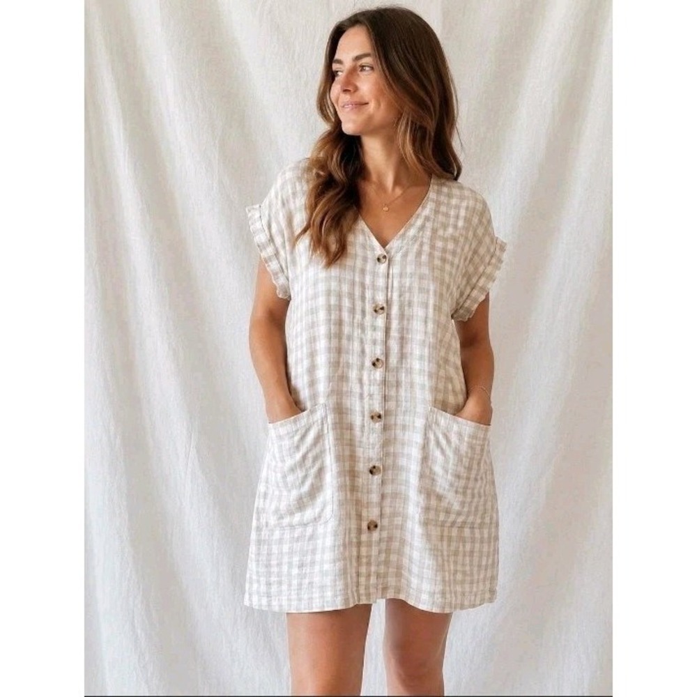 Lou & Grey Dress M 100% Linen Biege Cream Gingham Button Front Pocket Cottage